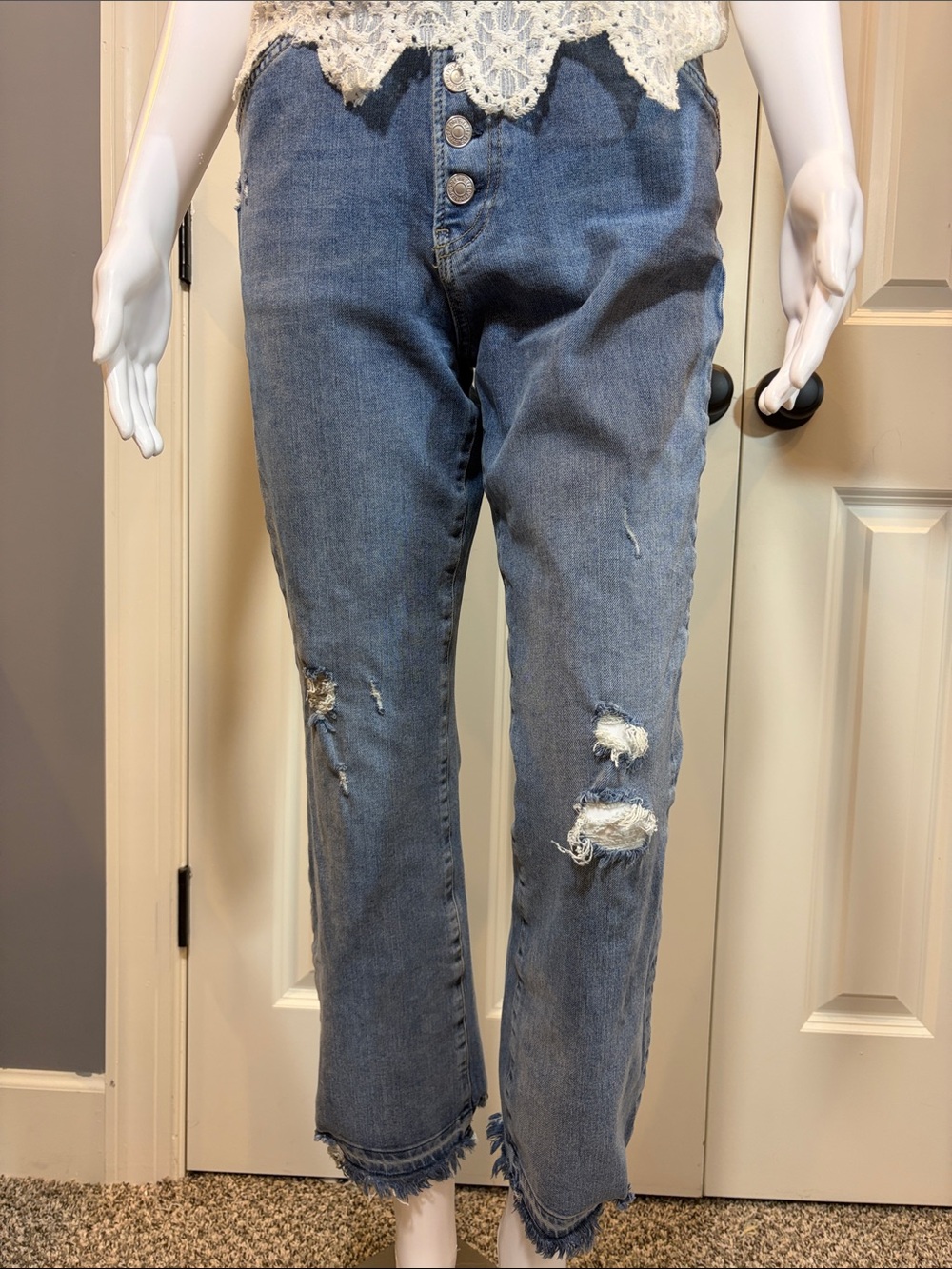 We The Free Distressed Medium Blue High-Rise Button-Fly Jeans